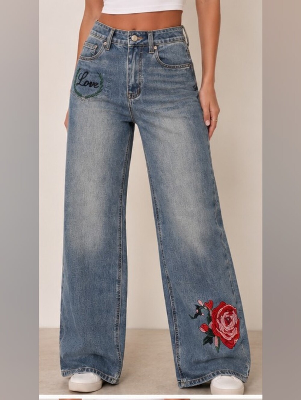 Flamingals Wide Leg Embroidered Love Rose Embroidered Jeans Valentines NWT Small - Picture 3 of 13